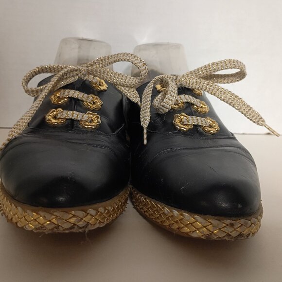 Y2K BALLY "Jallut" Italian Oxford Flats Black Leather Gold Trim Sz 9M - Picture 5 of 15